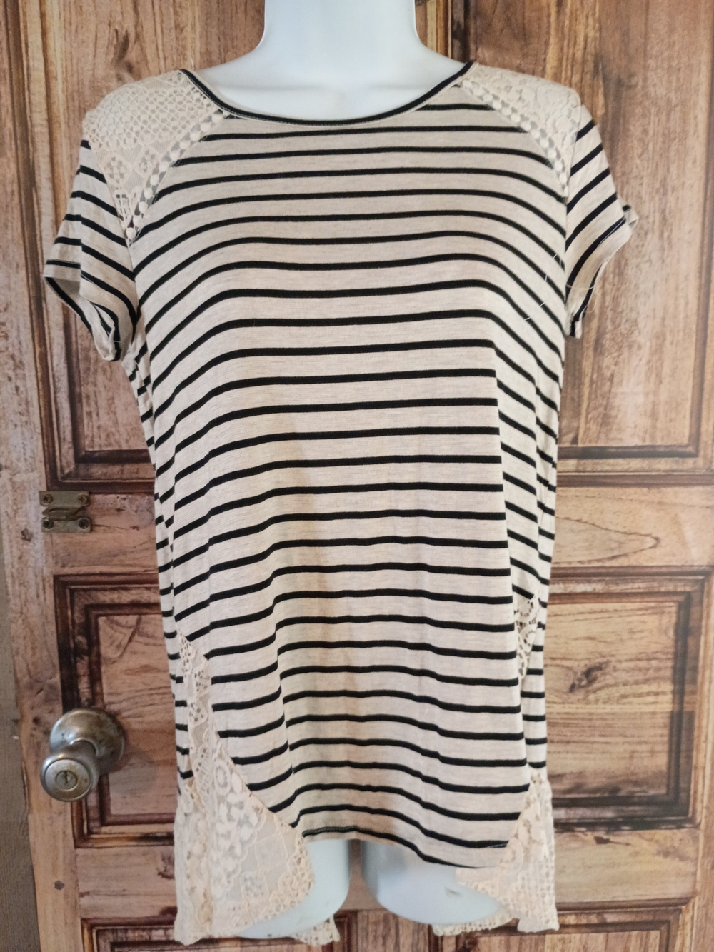 Black & Cream Striped Lace-Accent Tunic Top